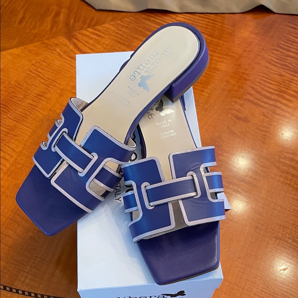 NWT Libera Mende  Leather Purple  and White Slide Sandals size 40 made in Italy